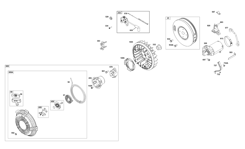 Flywheel, Ignition, And Starter Group Diagram and Parts List for 356447-0670-G1 200000 - 399999 Briggs and Stratton Engine